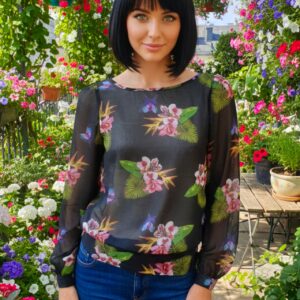 River Island, Blusa Foral en Fondo Negro Talla 35/36