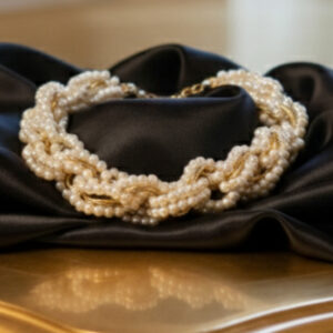 ​Collar de Perlas Trenzadas con Eslabones Dorados