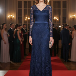 Elegante Vestido de Gala en Encaje Azul Noche Talla 34/36