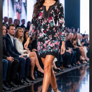 David Emanuel, Elegante Vestido con Estampado Floral Fondo Negro Talla 46