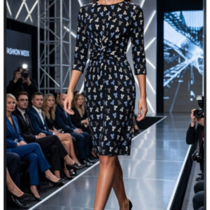 Next, Elegante Vestido Drapeado con Estampado de Lazos Talla 42