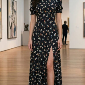 River Island, Vestido con Estampado Floral en Fondo Negro Talla 40