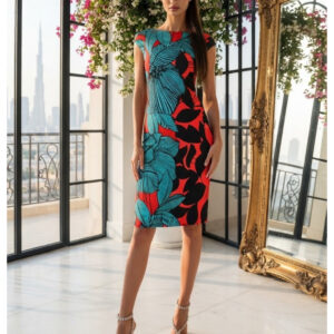 Roman, Vestido Estampado Floral y Tropical en Tonos Turquesa, Rojo y Negro Talla 46